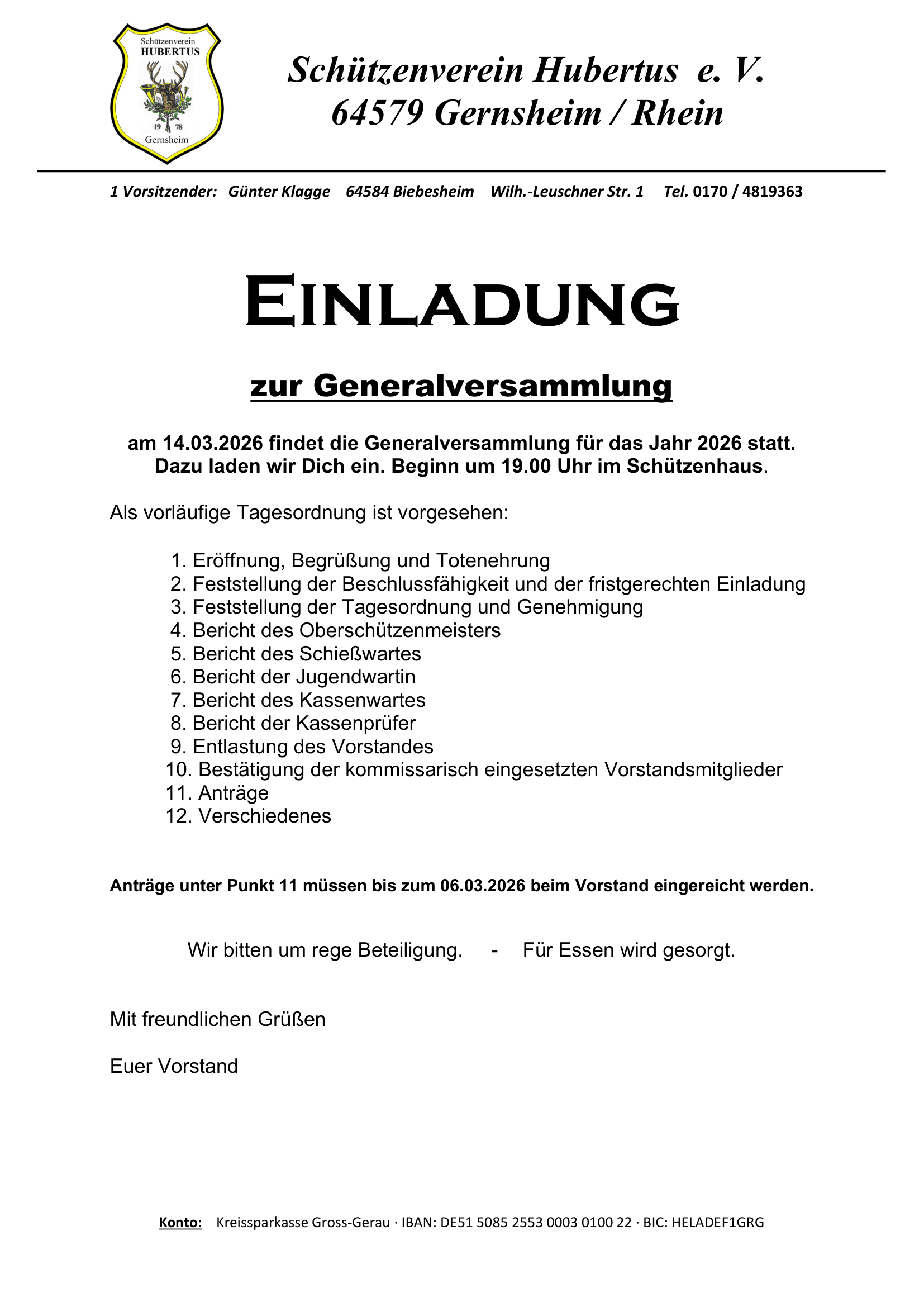 Einladung zur Jahreshauptversammlung 2026